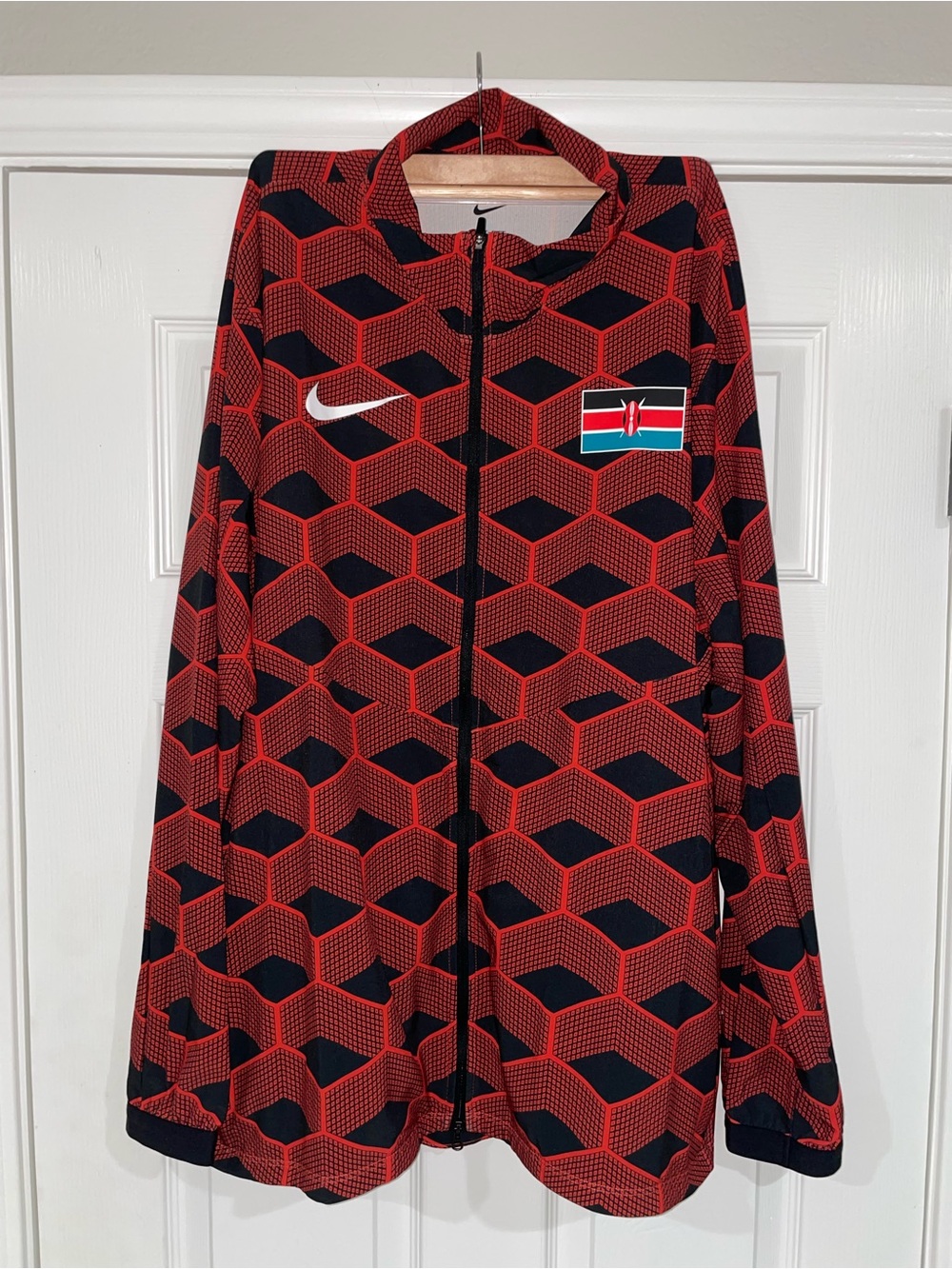 Nike Red and Black Geometric Zip-Up Jacket with Flag Patch